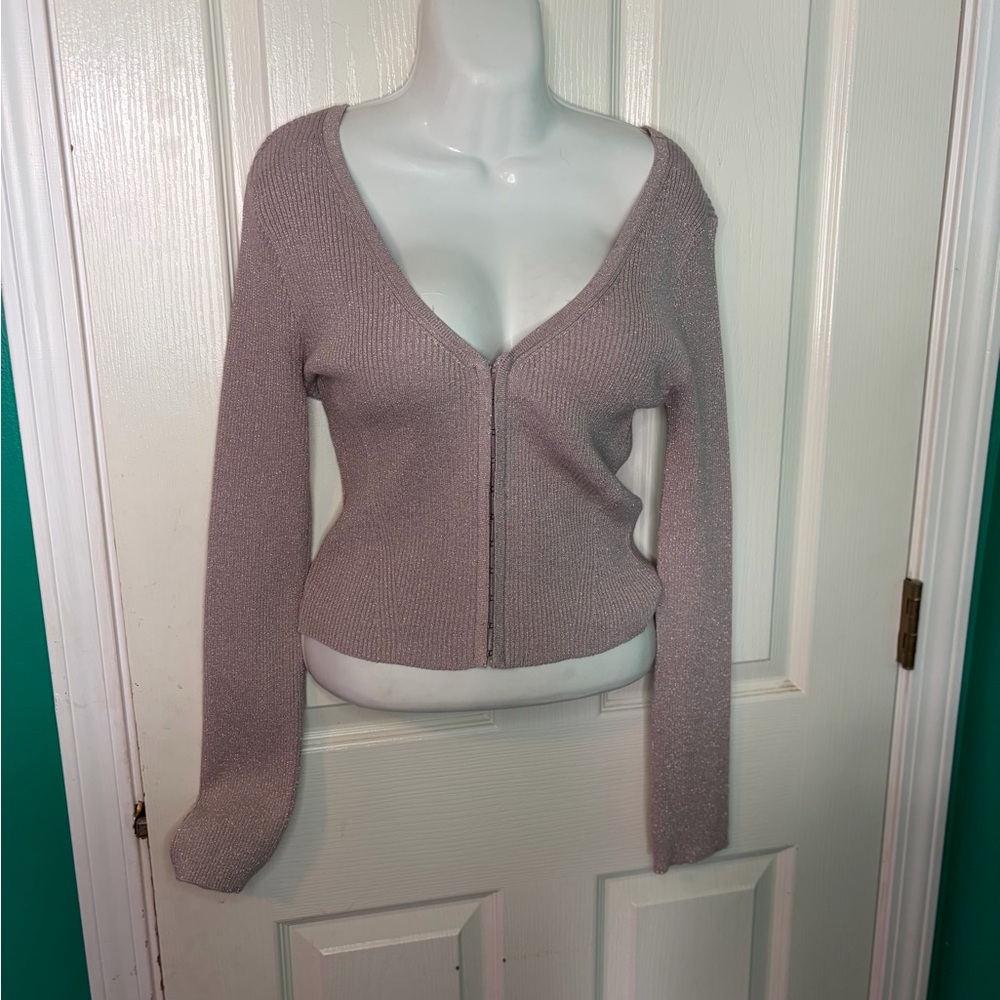 Originality Ribbed Knit Full Zip Sweater V-Neck Metallic Blend L